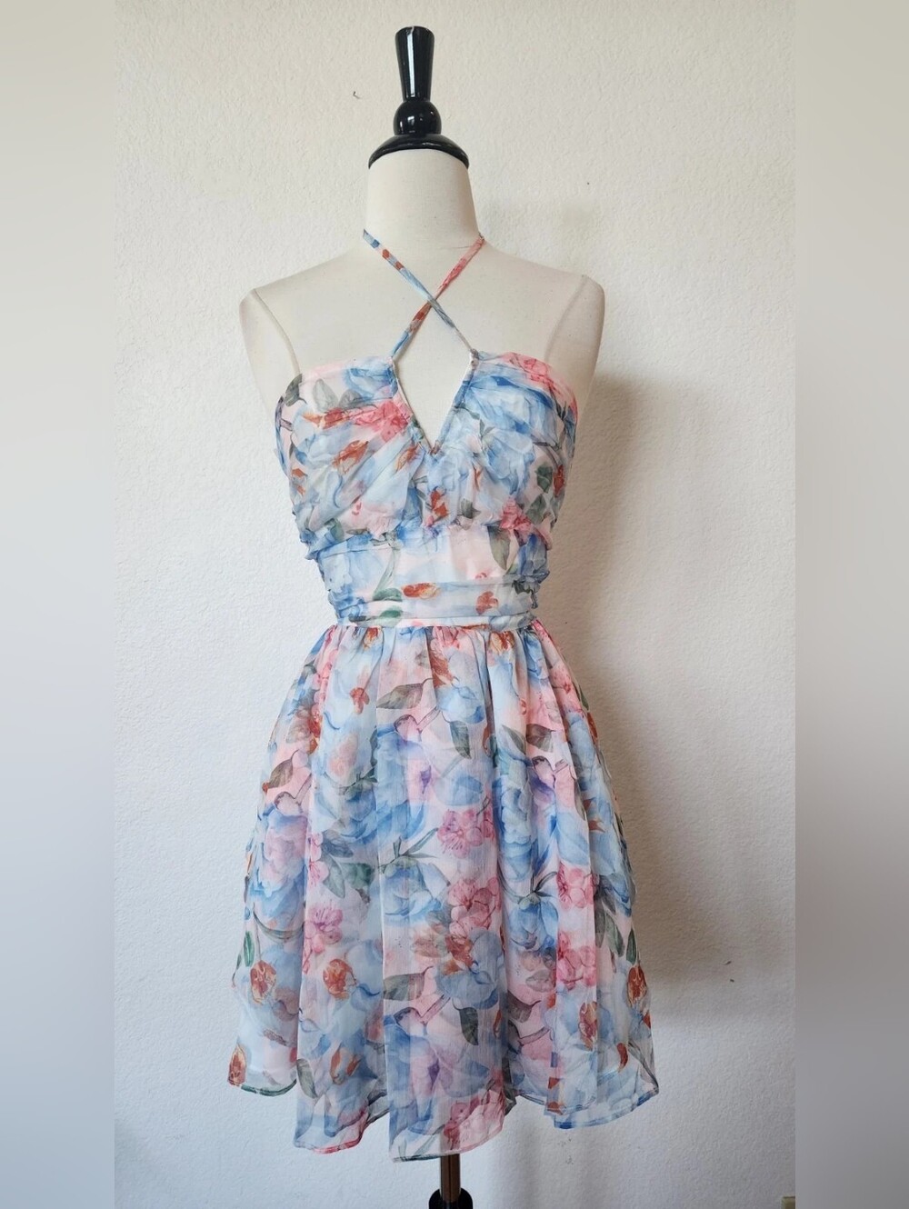 Floral Halter Summer Dress in Pastel Blue & Pink - Picture 2 of 4